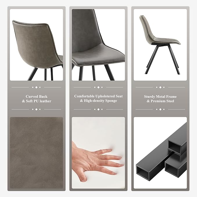 COLAMY PU Leather Dining Chairs Set of 4, High Back Modern Upholstered Dining Room Kitchen Side Chair with Metal Legs for Home/Living Room/Bedroom/Office, Grey - LeafyLoom