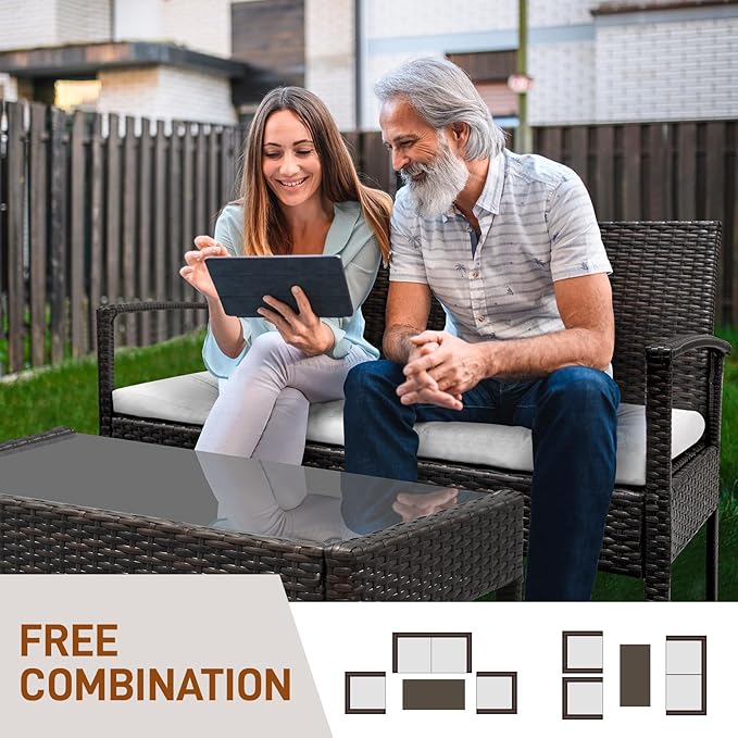 Outvita 4 Pieces Patio Furniture Set, Rattan Conversation Sets with Loveseat Soft Cushion and Glass Table for Garden Backyard Balcony Porch Poolside(Black) - LeafyLoom