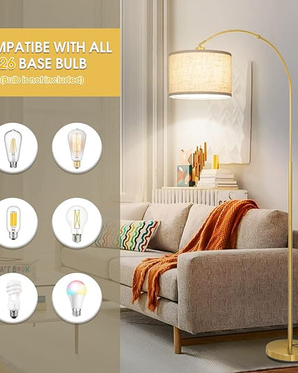 Gold Floor Lamp, Arc Floor Lamp for Living Room with Adjustable Drum Lampshade, Modern Tall Standing Lamp with On/Off Foot Switch, Over Couch Arched Reading Light for Reading, Bedroom, Office - LeafyLoom