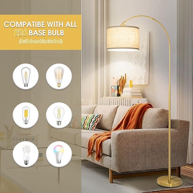 Gold Floor Lamp, Arc Floor Lamp for Living Room with Adjustable Drum Lampshade, Modern Tall Standing Lamp with On/Off Foot Switch, Over Couch Arched Reading Light for Reading, Bedroom, Office - LeafyLoom