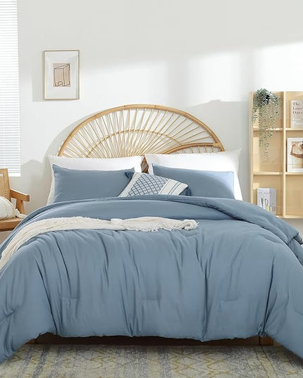 Grayish Blue Full Comforter Boho Dusty Blue 3PCS Microfiber Bed Comforter Sets for All Season Comforter for Men and Women Soft Lightweight Bed Comforter Set (1 Comforter, 2 Pillowcases) - LeafyLoom