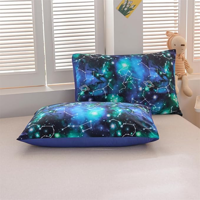 Holawakaka Tie Dye Constellation Print Ombre Comforter Set Twin Size Girls Boys Gradient Galaxy Bedding Set (Black Green,Twin) - LeafyLoom