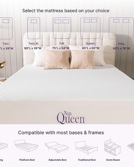 NapQueen Queen Mattress, 8 Inch Elizabeth Cooling Gel Memory Foam Mattress, Queen Bed Mattress in a Box, CertiPUR-US Certified, Medium Firm, Breathable Soft Fabric Cover - LeafyLoom