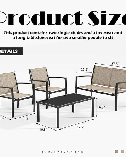 Greesum 4 Pieces Patio Furniture Set, Outdoor Conversation Sets for Patio, Lawn, Garden, Poolside with A Glass Coffee Table, Beige - LeafyLoom