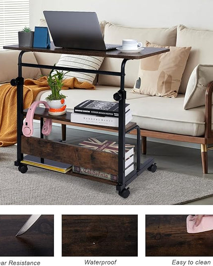 Portable Desk Small Desks for Small Spaces Laptop Table Rustic Rolling Adjustable Desk on Wheels Mobile Couch Desk for Bedroom Home Office Computer Standing Desk Student Desk with Storage 32x16 Inch - LeafyLoom