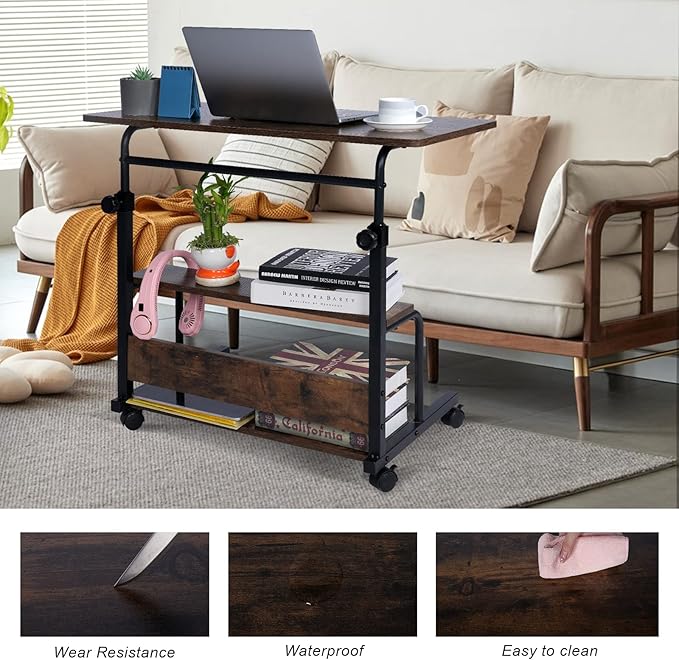 Portable Desk Small Desks for Small Spaces Laptop Table Rustic Rolling Adjustable Desk on Wheels Mobile Couch Desk for Bedroom Home Office Computer Standing Desk Student Desk with Storage 32x16 Inch - LeafyLoom