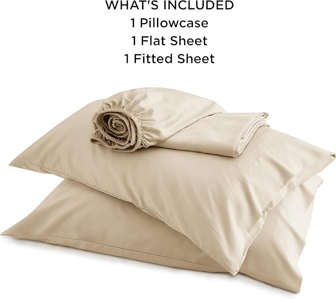 Bedsure Twin XL Sheet Set Dorm Bedding, Cooling Sheets Twin Extra Long Sheets, Rayon Derived from Bamboo, Deep Pocket Up to 16", Hotel Luxury Silky Bedding Sheets & Pillowcases, Beige - LeafyLoom