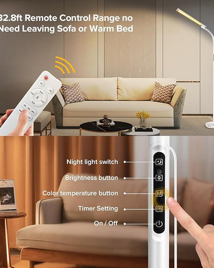 LED Floor Lamp, Floor Lamps for Living Room with Night Light & 5 Colors & 5 Brightness, Adjustable Gooseneck Floor Reading Lamp with Remote & Touch Control, Tall Standing Floor Lamp for Bedroom Office - LeafyLoom
