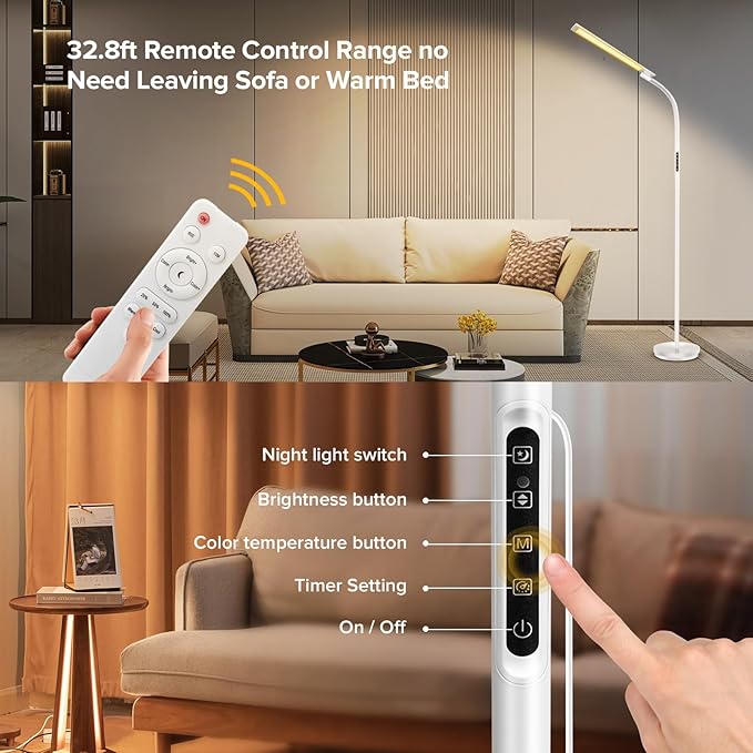 LED Floor Lamp, Floor Lamps for Living Room with Night Light & 5 Colors & 5 Brightness, Adjustable Gooseneck Floor Reading Lamp with Remote & Touch Control, Tall Standing Floor Lamp for Bedroom Office - LeafyLoom