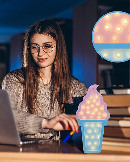 2 Pcs Ice Cream Valentine Romance Atmosphere Light Wooden Ice Cream LED Night Light Ice Cream Theme Valentine Romance Lamps Battery Operated LED Night Lights for Birthday Party Decor (Blue-Pink) - LeafyLoom