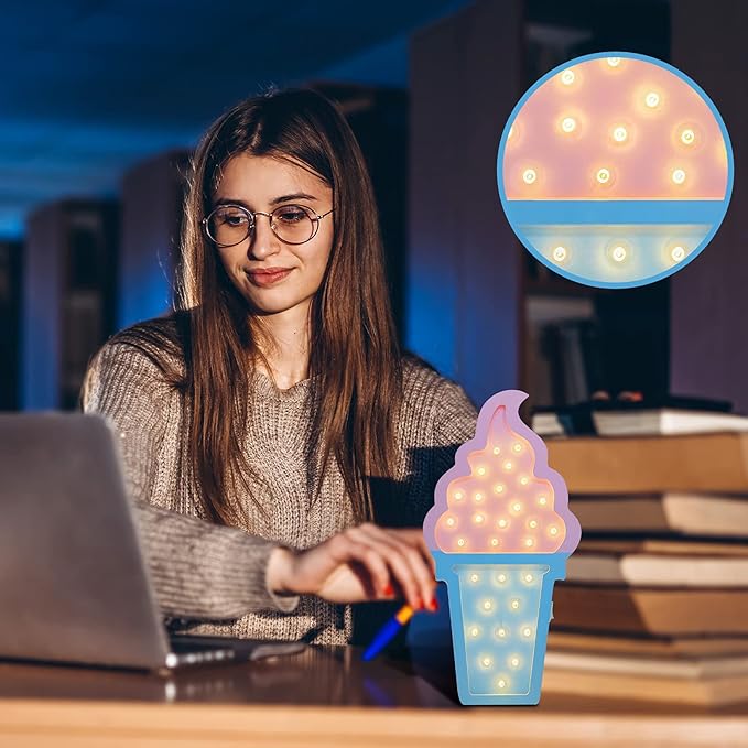 2 Pcs Ice Cream Valentine Romance Atmosphere Light Wooden Ice Cream LED Night Light Ice Cream Theme Valentine Romance Lamps Battery Operated LED Night Lights for Birthday Party Decor (Blue-Pink) - LeafyLoom