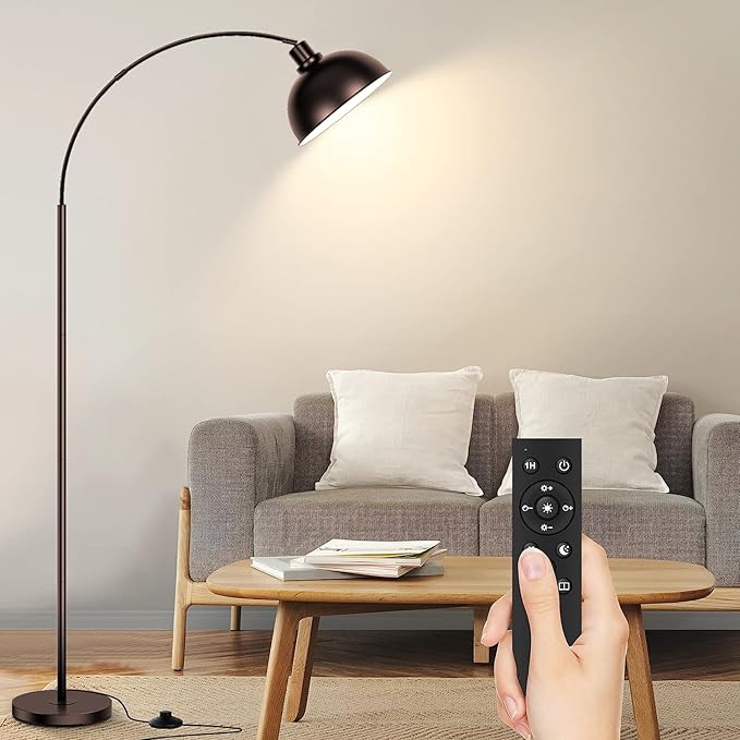Arc Floor Lamps for Living Room,Modern Tall Standing Lamp Remote Control,Stepless Dimmable Bronze Floor Lamp with Hanging Dome Shade,Over Couch Arched Reading Lamp for Bedroom, Office (Bulb Included) - LeafyLoom