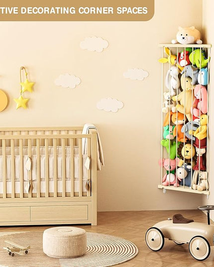 Stuffed Animal Storage Toy Organizer: Corner Stuff Animals Holder for Wall with Adjustable Length - Kids Plush Toys Storage for Nursery Playroom Bedroom Kids Room(Beige) - LeafyLoom