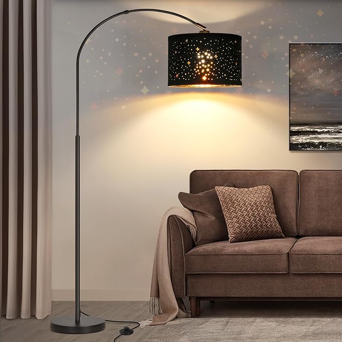 Modern Arc Floor Lamp, Tall Pole Lamp with Black Stars Lampshade, Arched Reading Light with Adjustable Lamp Head, Over Couch Hanging Light Corner Lamp for Living Room, Bedroom, Office (Black) - LeafyLoom