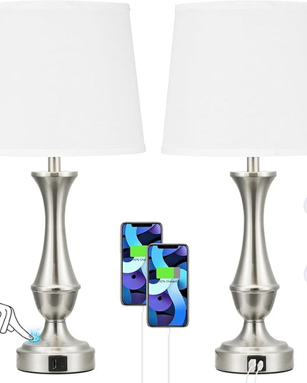 Touch Lamps for Bedrooms Set of 2 - Nightstand Table Lamp with USB C+A, 3 Way Dimmable Bedside Lamps for Living Room End Tables Set of 2, Farmhouse Night Stand Lamps(White&Nickel) - LeafyLoom