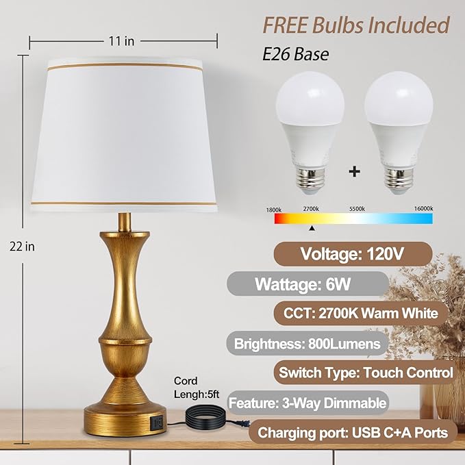 Table Lamps for Bedrooms Set of 2, Gold Bedside Lamps with USB C+A Ports, 3 Way Dimmable Nightstand Lamps with Fabric Lampshade, Touch Table Lamp for Living Room Bedroom Office, Bulbs Included - LeafyLoom