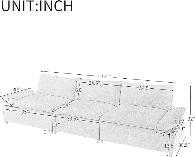 119.5'' 3 Seater Modern Sectional Sofa with 2 Built-in Storage Units on Armrest, Large Seating Depth Design Upholstered Couch Set for Living Room, Office, Apartment, Gray, 119.5 Inch - LeafyLoom