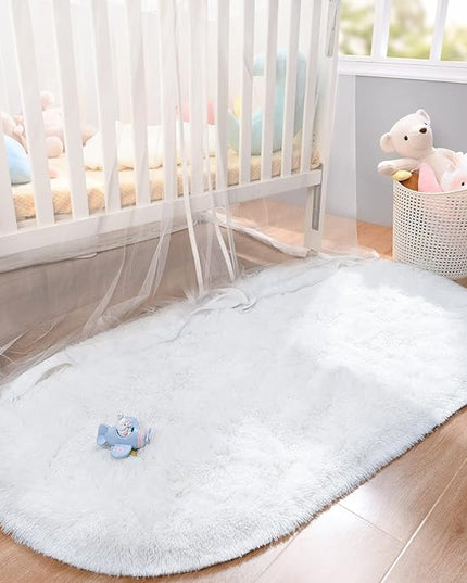 Merelax Soft Shaggy Rug for Kids Bedroom, Oval 2.6'x5.3' Cream Plush Fluffy Carpets for Living Room, Furry Carpet for Teen Girls Room, Anti-skid Fuzzy Comfy Rug for Nursery Decor Cute Baby Play Mat - LeafyLoom