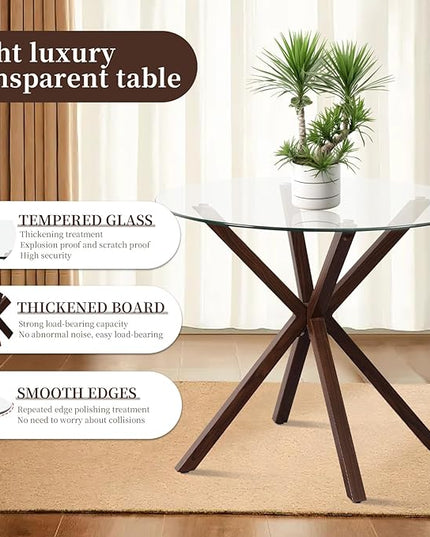 Round Glass Dining Table,34.7" Glass Top Kitchen Table with Wooden Grain Metal Legs,Modern Dining Room Table for 2 or 4,Circle Dinner Table for Kitchen, Small Spaces, Apartment - LeafyLoom