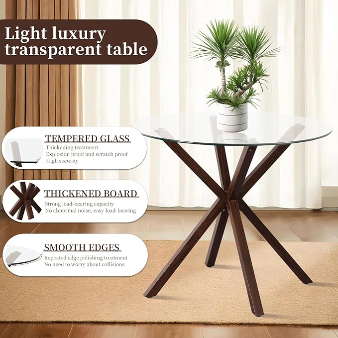 Round Glass Dining Table,34.7" Glass Top Kitchen Table with Wooden Grain Metal Legs,Modern Dining Room Table for 2 or 4,Circle Dinner Table for Kitchen, Small Spaces, Apartment - LeafyLoom