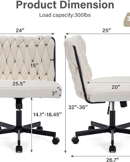 Criss Cross Legged Office Desk Chair with Wheels, Modern Armless Desk Chair with Wide Seat, Home Office Chair for Work, Meditation, Vanity, Beige - LeafyLoom