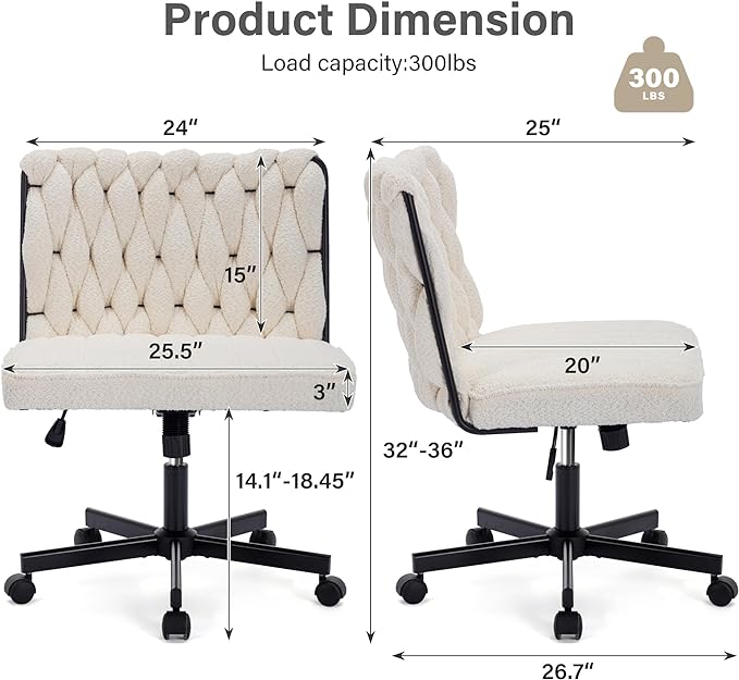Criss Cross Legged Office Desk Chair with Wheels, Modern Armless Desk Chair with Wide Seat, Home Office Chair for Work, Meditation, Vanity, Beige - LeafyLoom