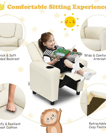ARLIME Kids Recliner chair, toddler Armchair Upholstered Couch with Cup Holder, Backrest, baby Leather sofa with Headrest and Footrest, Child Furniture for Ages 2-7 (Beige) - LeafyLoom