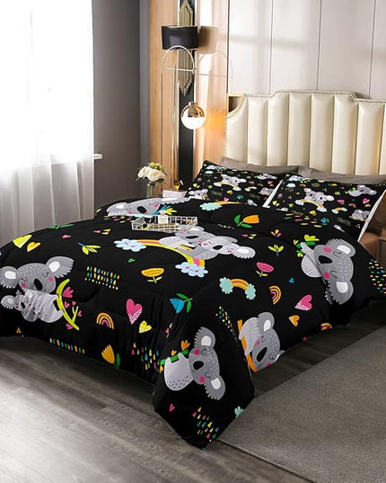 Erosebridal Koala Comforter Set, Kids Rainbow Bedding Set Twin Size Flower Love Heart Duvet Sets for Girls Boys Children Cute Animal Cartoon Down Comforter 2 Pieces with 1 Pillow Case, Black - LeafyLoom