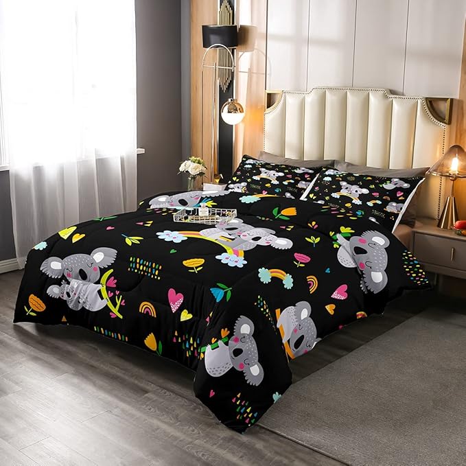 Erosebridal Koala Comforter Set, Kids Rainbow Bedding Set King Size Flower Love Heart Duvet Sets for Girls Boys Children Cute Animal Cartoon Down Comforter 3 Pieces with 2 Pillow Cases, Black - LeafyLoom
