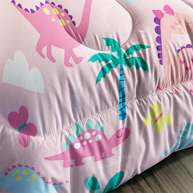 Axolotl Cute Dinosaur Comforter Set Twin,Colorful Dinosaur Girls Bedding Set,Dinosaurs Print Comforter Sets Botanical Palm Trees,Butterfly Bedding Set for Kids Girls Teens,1 Quilt 2 Pillowcases,Pink - LeafyLoom