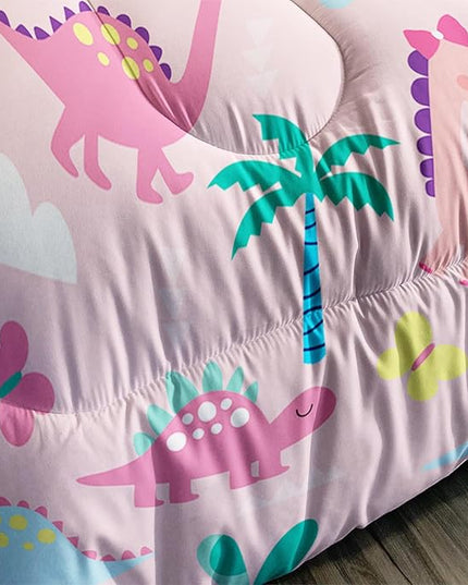 Axolotl Cute Dinosaur Comforter Set Queen,Colorful Dinosaur Girls Bedding Set,Dinosaurs Print Comforter Sets Botanical Palm Trees,Butterfly Bedding Set for Kids Girls Teens,1 Quilt 2 Pillowcases,Pink - LeafyLoom