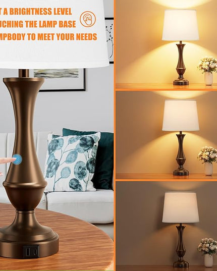 Touch Lamps for Bedrooms Set of 2 - Nightstand Table Lamp with USB C+A, 3 Way Dimmable Bedside Lamps for Living Room End Tables Set of 2, Farmhouse Night Stand Lamps(White&Brown) - LeafyLoom