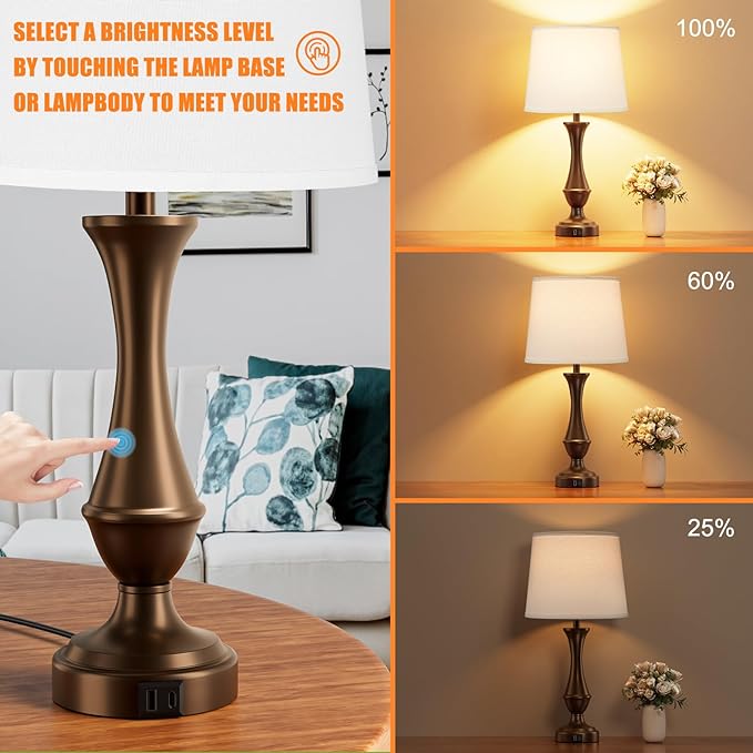 Touch Lamps for Bedrooms Set of 2 - Nightstand Table Lamp with USB C+A, 3 Way Dimmable Bedside Lamps for Living Room End Tables Set of 2, Farmhouse Night Stand Lamps(White&Brown) - LeafyLoom