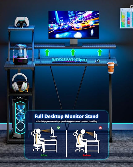L Shaped Gaming Desk with LED Lights & Power Outlet, 39 Inch Computer Desk with Extra Storage Shelves, Reversible Gamer Workstations with Monitor Stand for Bedroom, Carbon Fiber Black - LeafyLoom
