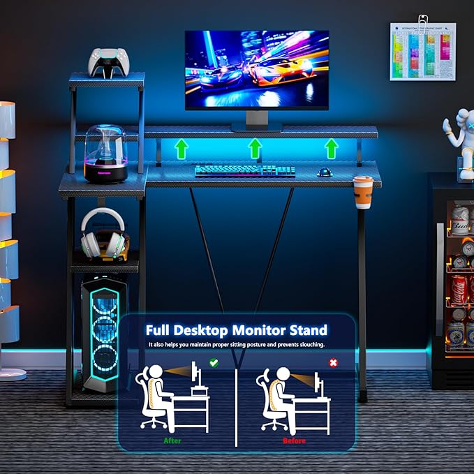 L Shaped Gaming Desk with LED Lights & Power Outlet, 39 Inch Computer Desk with Extra Storage Shelves, Reversible Gamer Workstations with Monitor Stand for Bedroom, Carbon Fiber Black - LeafyLoom