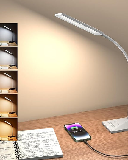 LED Desk Lamp Eye-Caring Table Lamps with USB Charging Port,7 Brightness Levels & 5 Color Modes,Touch Control and Memory Function, Flexible Gooseneck Reading Lamp for Home Office, White - LeafyLoom