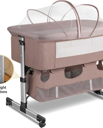 Baby Crib,3 in 1 Bedside Crib Adjustable Portable Bed for Infant,Baby Bassinet Baby Newborn Must Have Bed, Khaki - LeafyLoom