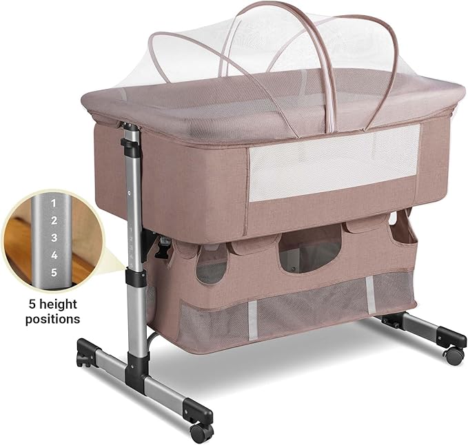 Baby Crib,3 in 1 Bedside Crib Adjustable Portable Bed for Infant,Baby Bassinet Baby Newborn Must Have Bed, Khaki - LeafyLoom