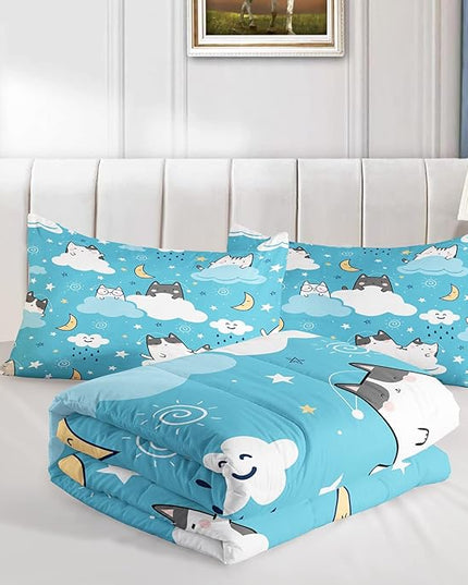 Cat Comforter King Size,Blue Cloud Cats Comforter Set for Kids Teens Girls Boys,3Pcs Bedding Set Printed Comforter with 2 Pillowcases,Down Alternative,Soft and Lightweight，King Size - LeafyLoom