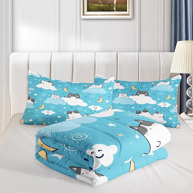 Cat Comforter Queen Size,Blue Cloud Cats Comforter Set for Kids Teens Girls Boys,3Pcs Bedding Set Printed Comforter with 2 Pillowcases,Down Alternative,Soft and Lightweight，Queen Size - LeafyLoom