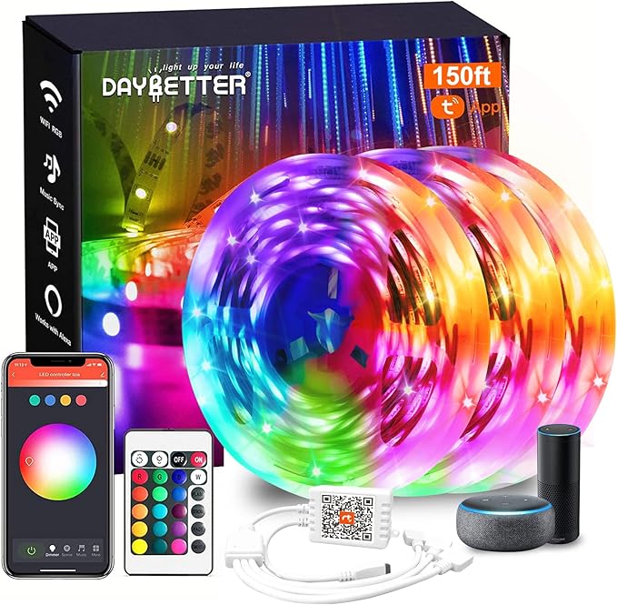 DAYBETTER Smart WiFi Led Lights for Bedroom 150 ft, Tuya App Controlled Led Strip Lights, Compatible with Alexa and Google Assistant, Color Changing Led Light Strip with Remote for Room Party Kitchen DAYBETTER