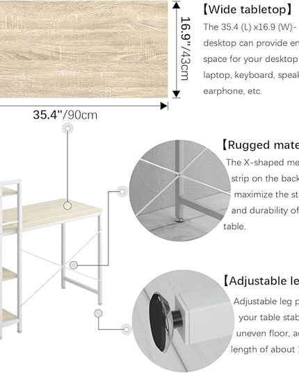 4NM 35" Small Computer Desk with 4-Tier Bookshelf, Home Office Desk Writing Workstation Study Table Multipurpose for Small Space Work - Natural and White - LeafyLoom