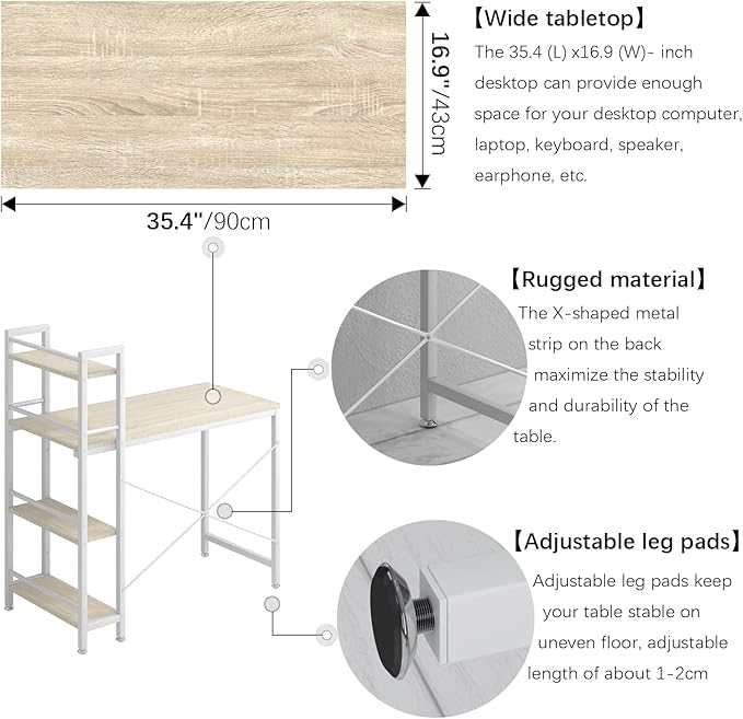 4NM 35" Small Computer Desk with 4-Tier Bookshelf, Home Office Desk Writing Workstation Study Table Multipurpose for Small Space Work - Natural and White - LeafyLoom