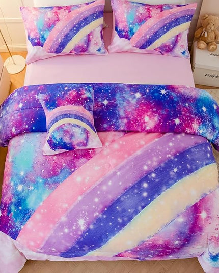 6 Pcs Tie Dye Pink Twin Comforter Set for Girls, 3D Rainbow Galaxy Gradient Themed Bed in A Bag, Pastle Nebula Kids Bedding Set with Sheets, Comforter and Pillowcases for All Season - LeafyLoom