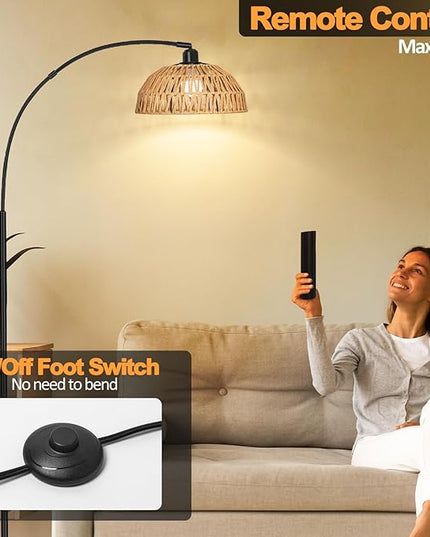 Boho Floor Lamp with Remote- Arc Tall Lamps, Bronze Floor Lamps with Stepless Dimmable Bulb, Hand-Worked Adjustable Rattan Lampshades, Brown Rattan Standing Lamp - LeafyLoom