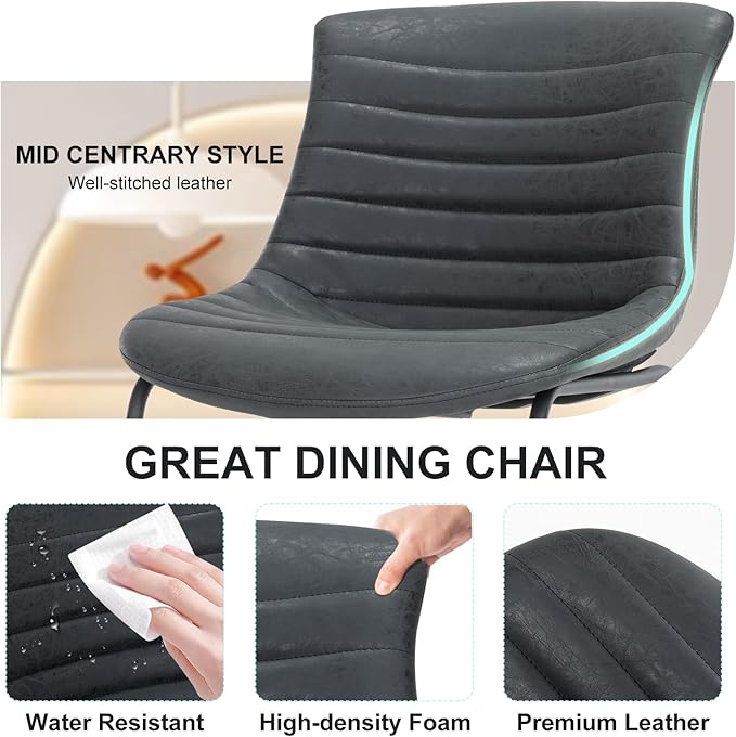 Faux Leather Dining Chairs,20 Inch PU Leather Dining Chairs Set of 2 with Backrest and Metal Leg,Mid Century Modern Chair,Black Upholstered Dining Chairs for Kitchen Living Room Outdoor Lounge - LeafyLoom
