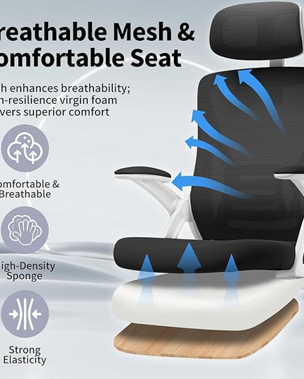 Ergonomic Office Chair, Mid Back Desk Chair with Adjustable Height, Swivel Chair with Flip-Up Arms and Lumbar Support, Breathable Mesh Computer Chair with Headrest (White and Black) - LeafyLoom