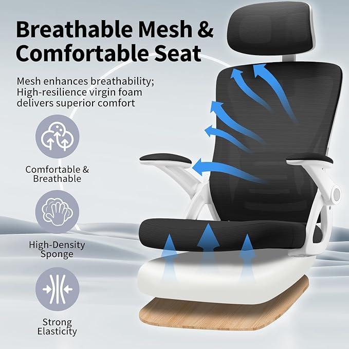 Ergonomic Office Chair, Mid Back Desk Chair with Adjustable Height, Swivel Chair with Flip-Up Arms and Lumbar Support, Breathable Mesh Computer Chair with Headrest (White and Black) - LeafyLoom