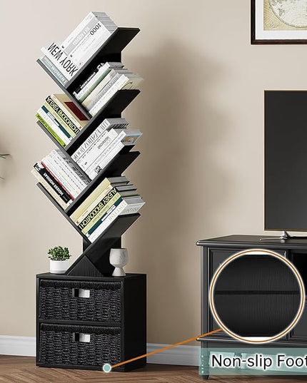 Vagusicc 6 Tier Tree Bookshelf, Modern Floor Standing Bookcase with Storage Drawer, Space Saving Storage Organizer Book Shelves for Books, Tall Wood Storage Rack for Bedroom/Living Room/Home Office - LeafyLoom