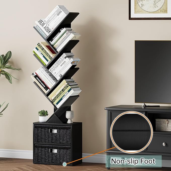 Vagusicc 6 Tier Tree Bookshelf, Modern Floor Standing Bookcase with Storage Drawer, Space Saving Storage Organizer Book Shelves for Books, Tall Wood Storage Rack for Bedroom/Living Room/Home Office - LeafyLoom